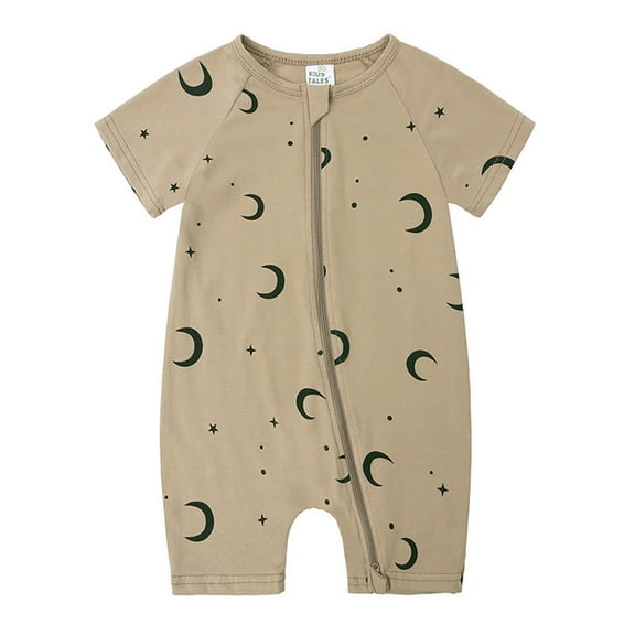HAOTAGS Baby Romper Cotton Footless Pajamas with Zipper Printed Short Sleeve Jumpsuit for Boys and Girls Khaki Size 3-6 Month