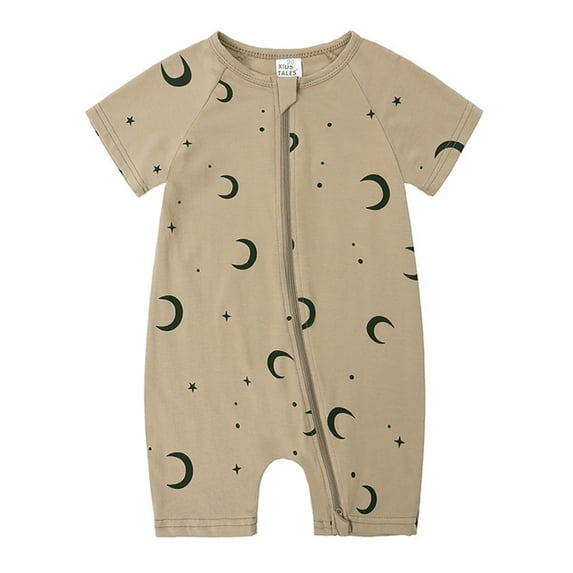HAOTAGS Baby Romper Cotton Footless Pajamas with Zipper Printed Short Sleeve Jumpsuit for Boys and Girls Khaki Size 6-9 Month