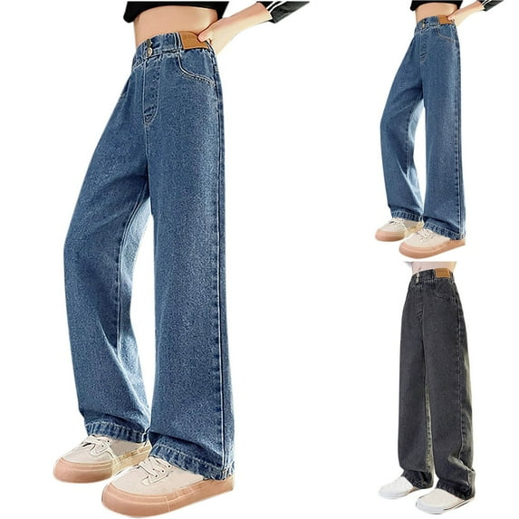 HAOTAGS Baggy Jeans Girls High Rise Wide Leg Cargo Trousers Bootcut Pocket Girls Hop Streetwear Blue 9 Years