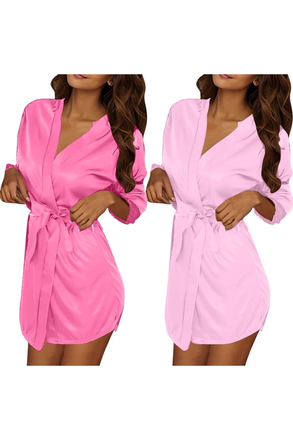 Bathrobe for Women,Ice Silk Long Sleeve Breathable 2 - Piece Sleepwear Sets Pink Free Size