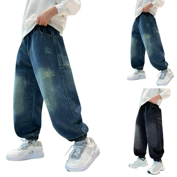 HAOTAGS Big Boy's Jeans(5-15), Casual Elastic Bottom Denim Pants Stretch Waist School Jogger Pants Blue 14 Years
