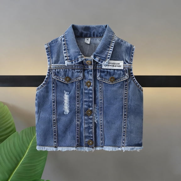 HAOTAGS Big Boys & Girls Sleeveless Lapel Denim Vest Top（2-14）, Casual Buttoned Jacket Blue 2-3 Years