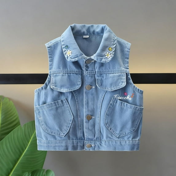 HAOTAGS Big Boys & Girls Sleeveless Lapel Denim Vest Top（2-14） Casual Buttoned Jacket Blue 3-4 Years