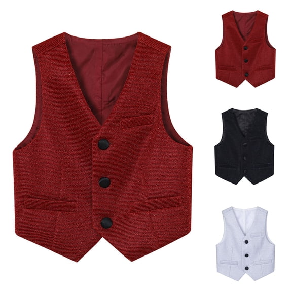 HAOTAGS Big Boys Glitter V-Neck Suit Jacket(1-13), Formal Performance Waistcoat for Boys Wine 2-3Years
