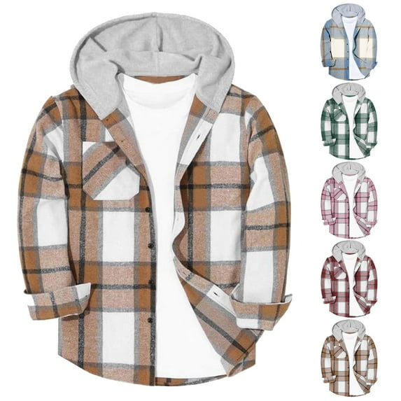 HAOTAGS Big Boys Plaid Jacket, Hooded Buttoned Down Shirts Casual Fall Winter Outerwear Red 10 Years
