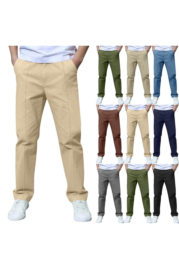 Big Boys School Uniform Pants(3-14), Elastic Waist Stretch Trousers Straight Leg Long Pants Khaki 7-8 Years
