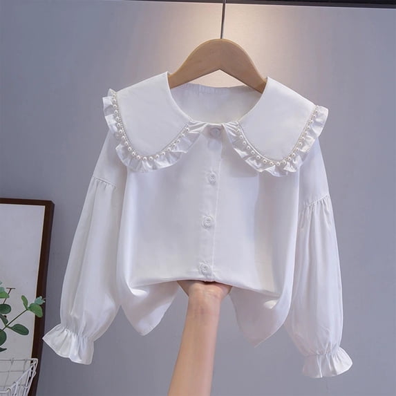 HAOTAGS Big Girls Button-Up Shirts, Thin Lace School Uniform Collar Dress Shirts for Teens White 9 Years