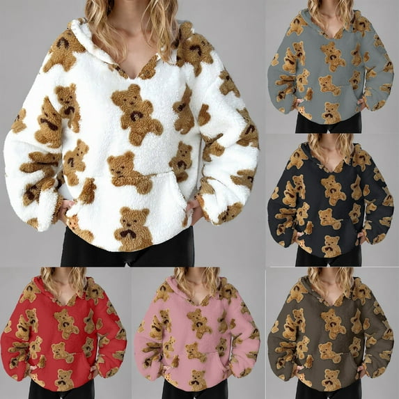 HAOTAGS Big Girls Fleece Hoodie, Cute Graphic Print Long Sleeve Warm Pullover Top with Pocket Brown 12-13Years