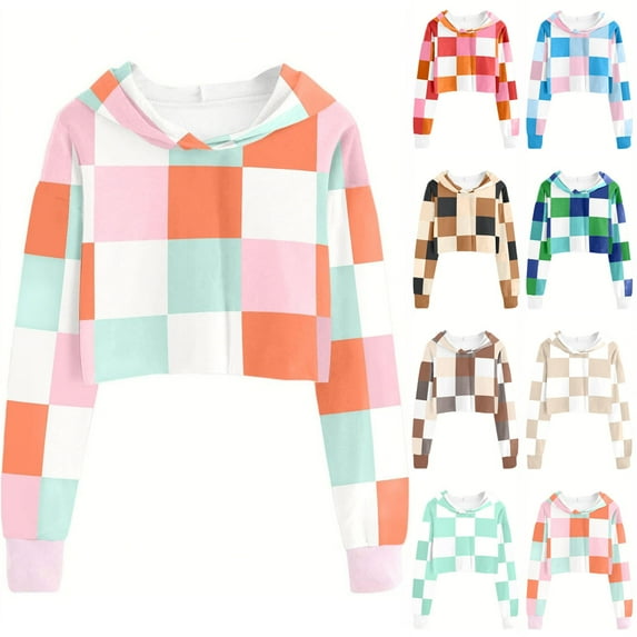 HAOTAGS Big Girls Hoodie Crop Tops, Plaid Hooded Sweatshirts Long Sleeve Pullover Top Gray 12 Years