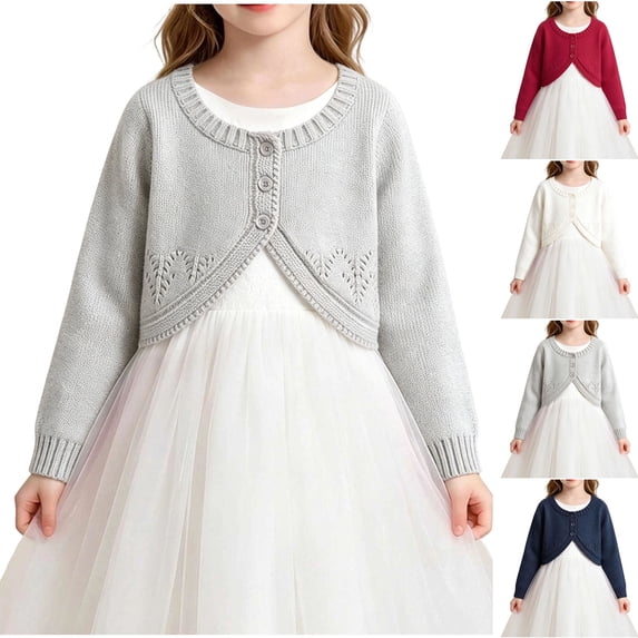 HAOTAGS Big Girls Knitted Cotton Cardigan (2-14) Long Sleeve School Sweater Jacket with Shawl Collar White Size 4T
