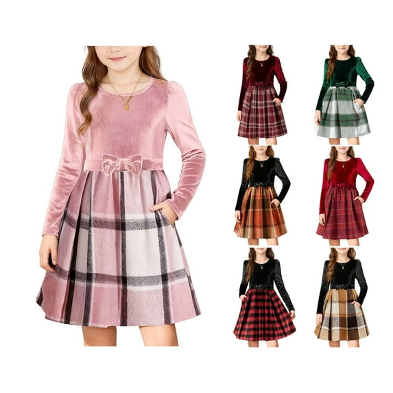 HAOTAGS Big Girls Long Sleeve Dress, Corduroy Cute Bowknot Splicing Plaid Holiday Dress Green 5-6Years