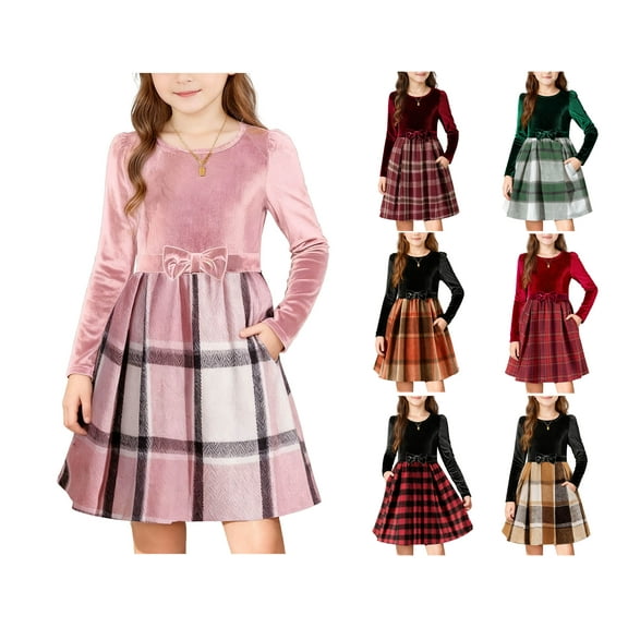 HAOTAGS Big Girls Long Sleeve Dress, Corduroy Cute Bowknot Splicing Plaid Holiday Dress Pink 7-8Years