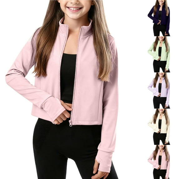 HAOTAGS Big Girls Performance Track Jacket(3-15), Zip-Up Long-Sleeve Stand-Collar Sports Top for Yoga/Running Green 11-12Years