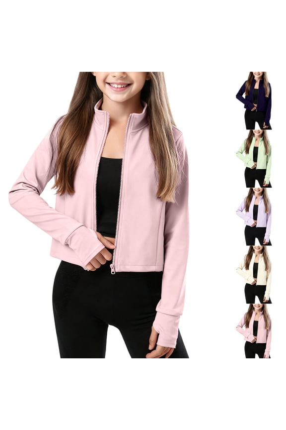Big Girls Performance Track Jacket Zip-Up Long-Sleeve Stand-Collar Sports Top for Yoga/Running Pink 11-12Years