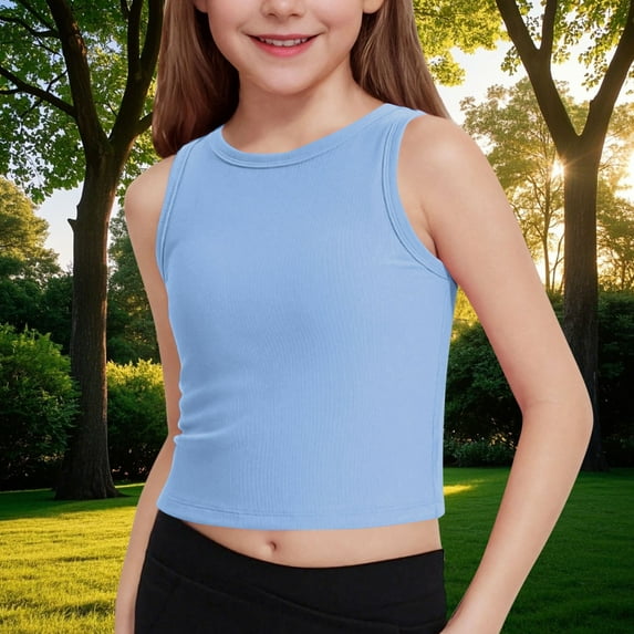 HAOTAGS Big Girls Ribbed Tank Top Casual Sleeveless Round Neck Summer Top Blue Size 14 Years