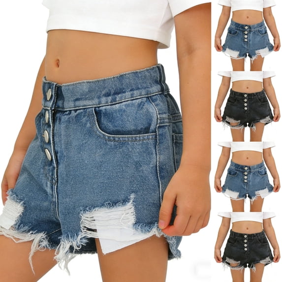 HAOTAGS Big Girls Ripped Denim Shorts(2-13) Summer Casual High Waist Jean Shorts for Kids Black Size 12-13Years