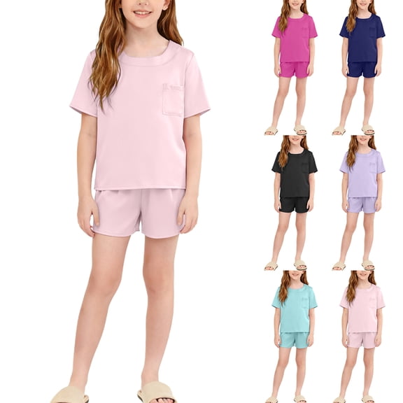 HAOTAGS Big Girls Satin Pajama Set(5-14), Short Sleeve Round Neck Top Shorts Lounge Wear Two-Piece Sleepwear Hot Pink 5-6Years