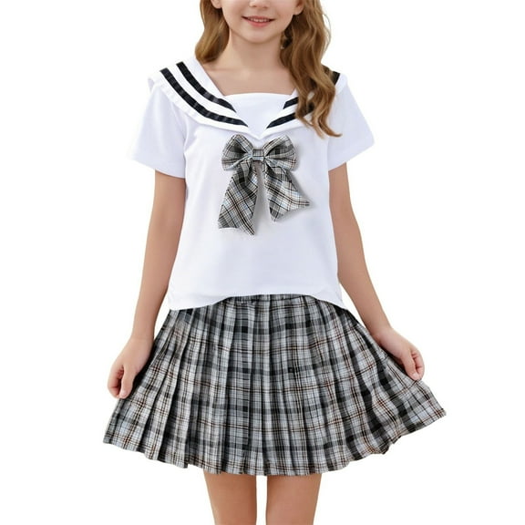 HAOTAGS Big Girls School Uniform Outfit Set(2-11) Casual Short Sleeve Tops with Cute Bowknot with Plaid Skirts Set Black Size 3 Years