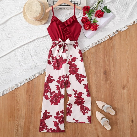HAOTAGS Big Girls' Summer Sleeveless Jumpsuits Loose Printed Romper Long Pants With Belt Wine Size 11-12 Years