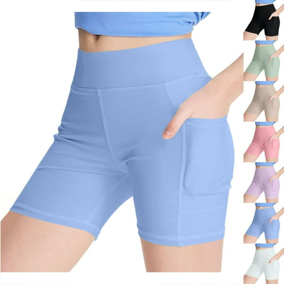 HAOTAGS Biker Shorts for Teen Girls(4-15), High Waisted Sport Yoga Shorts with Pockets Casual Summer Leggings Shorts Sky Blue 6 Years