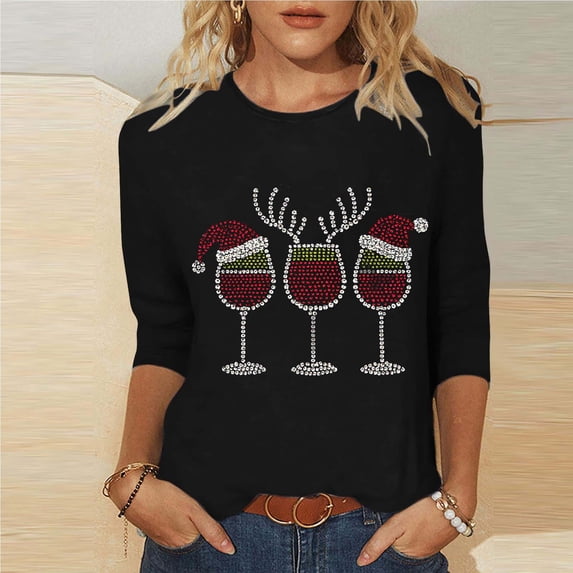 HAOTAGS Black Womens Tops Plus Size Cute Christmas Shirts Graphic Crew Neck 3/4 Sleeve Tops for Women