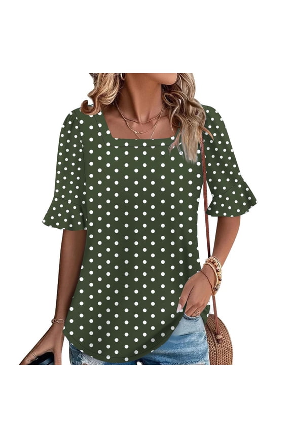 Blouse Tops for Women Work Green Tops Short Sleeve Square Neckline Polka Dot Shirts for Women