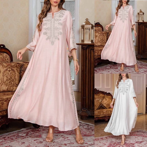 HAOTAGS Boho Maxi Dress Medium Sleeve V Neck Formal Dresses for Women Printed Satin Denim Dress for Women Pink M