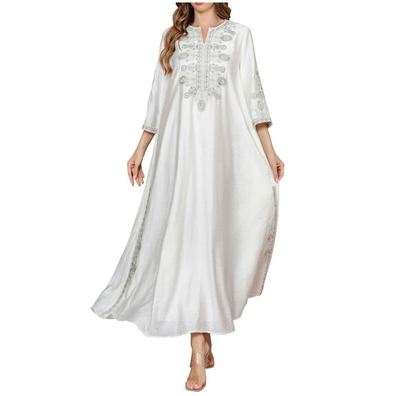 HAOTAGS Boho Maxi Dress Medium Sleeve V Neck Formal Dresses for Women Printed Satin Denim Dress for Women White XXL
