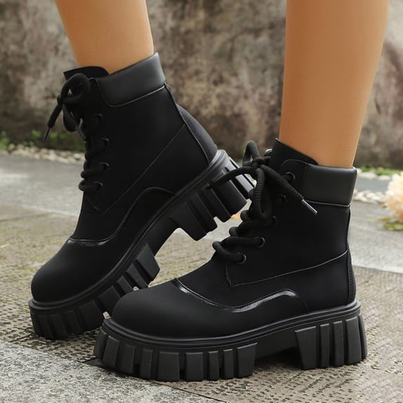 HAOTAGS Boots for Women, Casual Fall Thick Heel Mid Calf Lace Up Boots Black 5.5