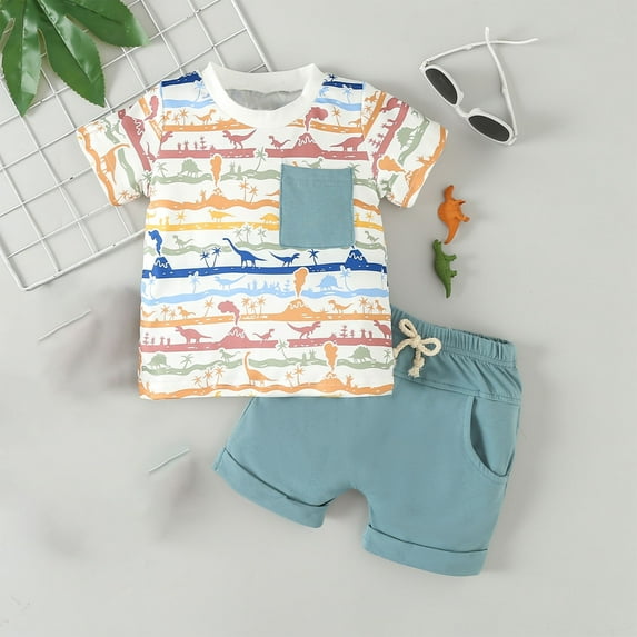 HAOTAGS Boy And Girls' Casual Short Sleeve Tops, Round Neck Tee with Shorts Sets Sky Blue