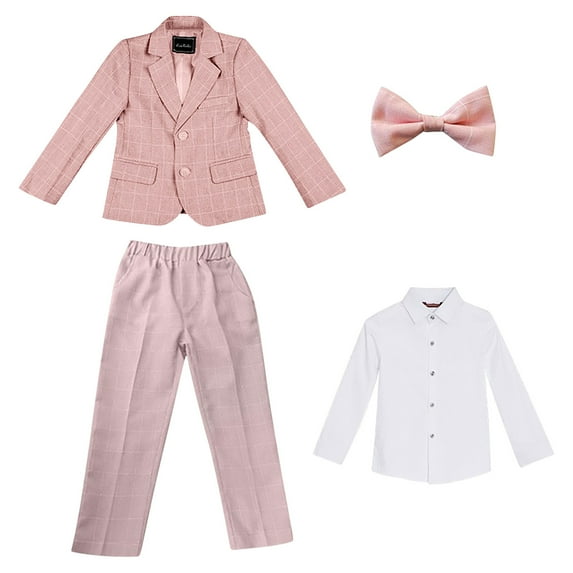 HAOTAGS Boy Suits Slim Fit Formal Suits for Boys, Long - sleeve Solid Wedding Shirt Jacket Pants Bow Tie 4PC Sets Pink 4-5 Years
