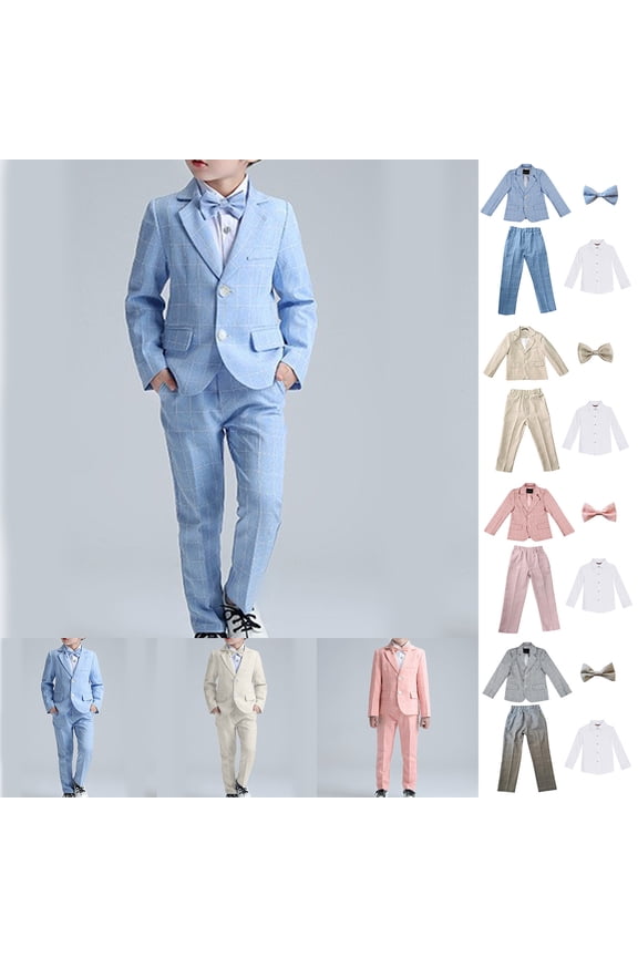 Boy Suits Slim Fit Formal Suits for Boys, Solid Wedding Long - sleeve Shirt Jacket Pants Bow Tie 4PC Sets Blue 4-5 Years
