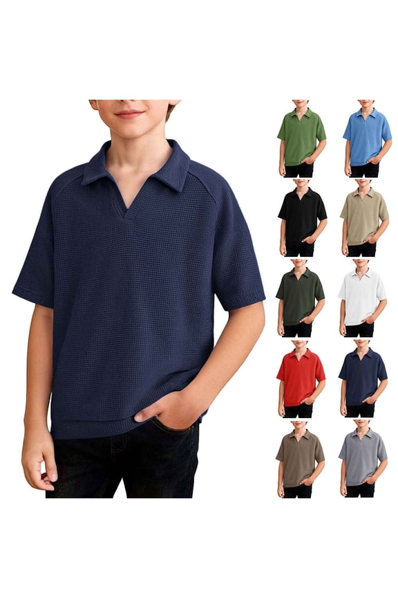 Boy's Waffle Knit Polo Shirts Casual Short Sleeve Lapel School Top For Kids Navy Size 7 Years
