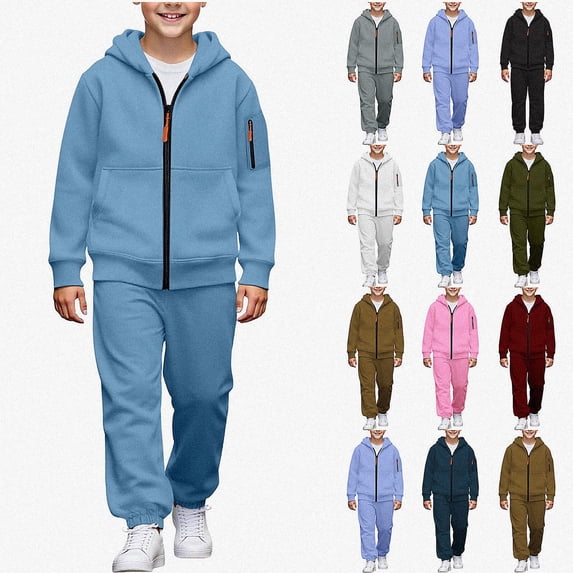 HAOTAGS Boys 2 Piece Outfit Set (4-15) Soft Warm Long Sleeves Zip Up Hoodie with Sweatpants Set Blue Size 6
