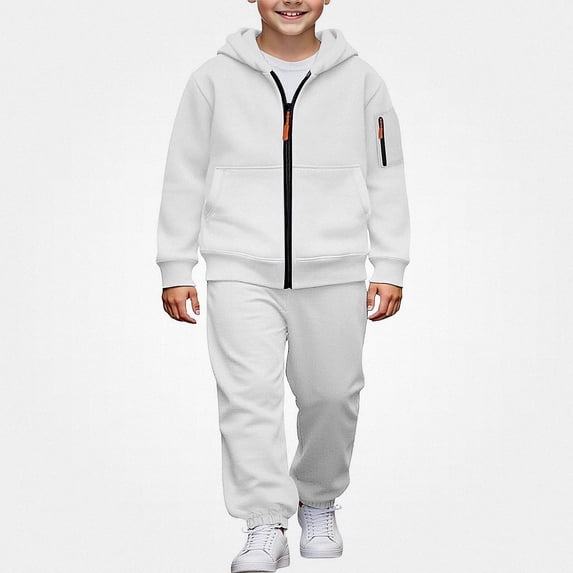 HAOTAGS Boys 2 Piece Outfit Set (4-15) Soft Warm Long Sleeves Zip Up Hoodie with Sweatpants Set White Size 6