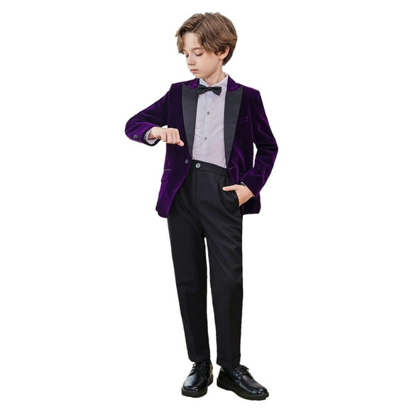 HAOTAGS Boys 4-Piece Suit Set, Dresswear Long Sleeved Shirt and Jacket Wedding Outfit Purple 5-6 Years