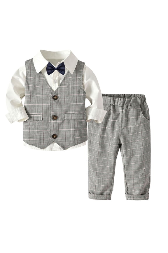 Boys 4 piece Formal Suit Set, Collared Dress Shirt Button - Up Long Sleeved Pants Vest with Tie Sets White 5-6 Years