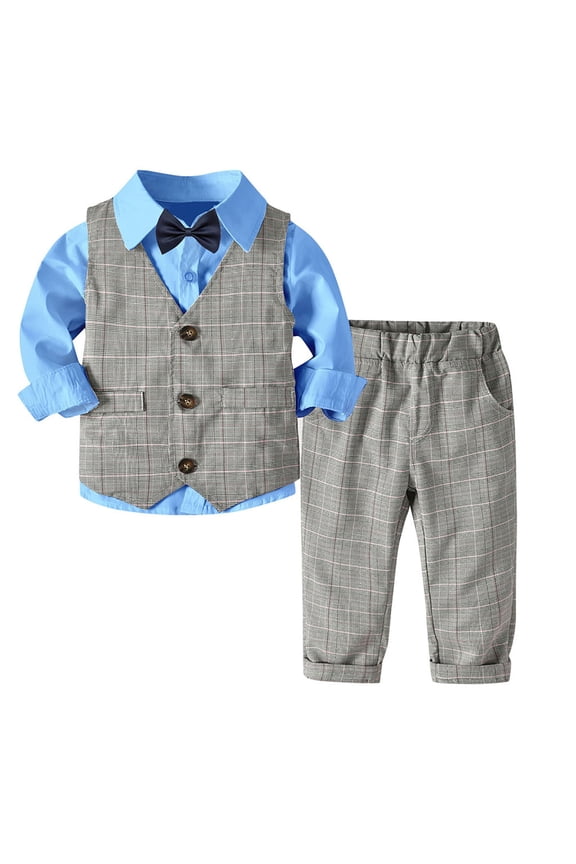 Boys 4 piece Formal Suit Set, Collared Dress Shirt Long Sleeved Pants Button - Up Vest with Tie Sets Blue 3-4 Years