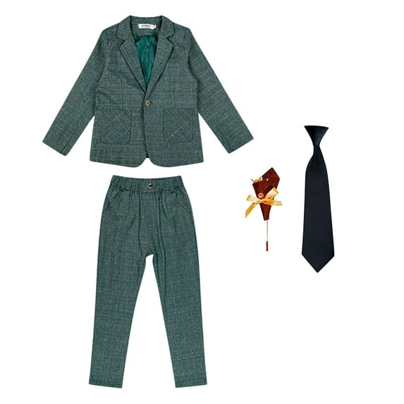 HAOTAGS Boys 4 - piece Suit Set, Solid Casual Classic Long - sleeved Round Neck Top Blazer Pants Set Green 9-10 Years