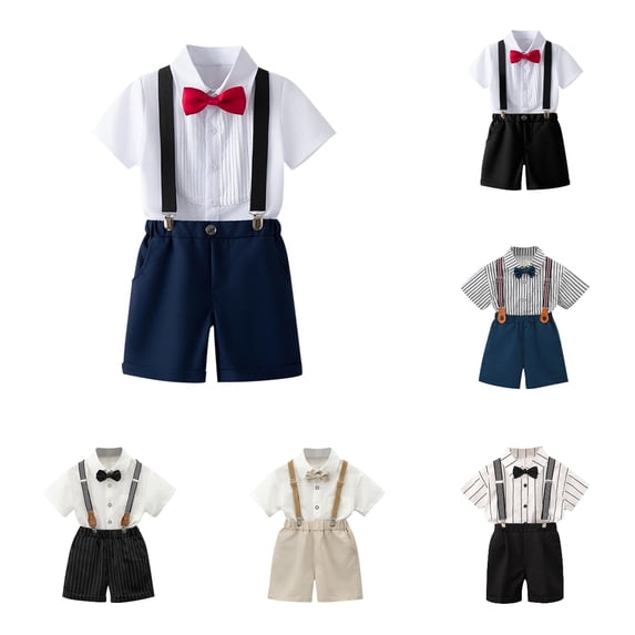HAOTAGS Boys 4pc Outfit Sets,First-Day School Uniform Bow-Tie Shorts Suit Summer Formal Sets Blue 1 T