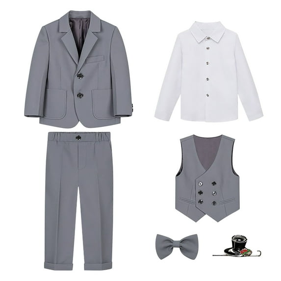 HAOTAGS Boys 6 - piece Tuxedo Set, Long Sleeve Dresswear Solid 6PC Suit Set Gray 4-5 Years