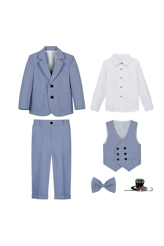 Boys 6 - piece Tuxedo Set, Long Sleeve Solid Dresswear 6PC Suit Set Blue 5-6 Years