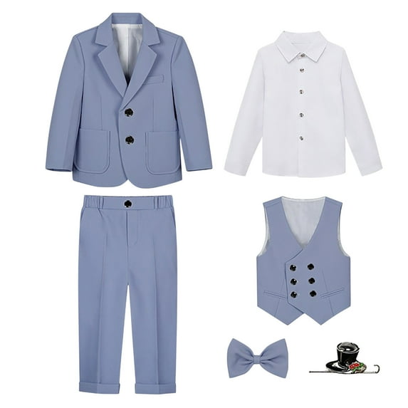 HAOTAGS Boys 6 - piece Tuxedo Set, Solid Dresswear Long Sleeve 6PC Suit Set Blue 9-10 Years