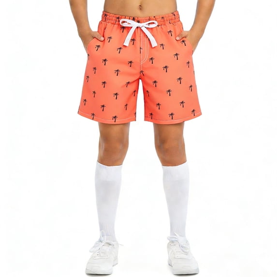 HAOTAGS Boys Board Shorts, Elastic Waist Quick Dry with Pockets Kids Stretchy Beach Swim Trunks Orange Size 6T
