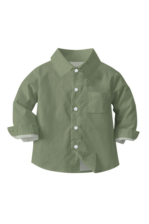 Boys Button UP Shirts, With Chest Pocket Long Sleeve Lightweight School Uniform Shirts Army Green 3 Years