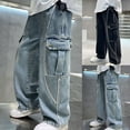 thumbnail image 1 of HAOTAGS Boys Cargo Jeans Straight Leg Relaxed Fit Utility Pockets Sturdy Denim Pants Black Size 170, 1 of 9