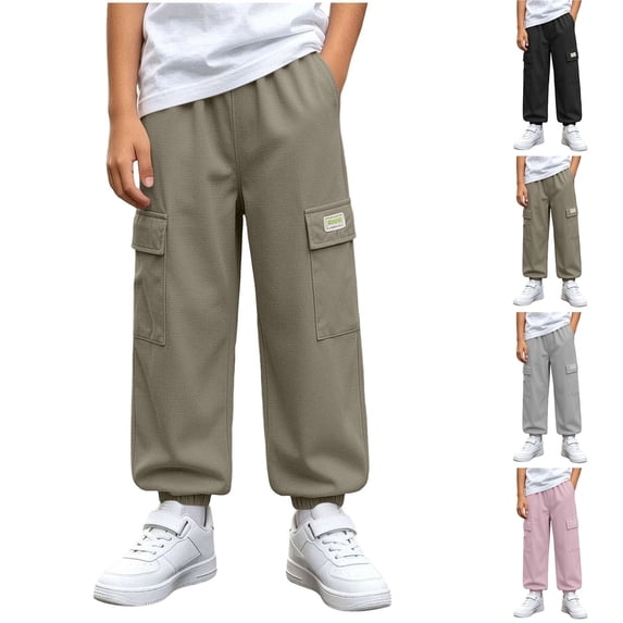 HAOTAGS Boys Cargo Pants (5-15) Elastic Waist Pockets Loose Ankle Pants Nylon Spandex Green Size 9
