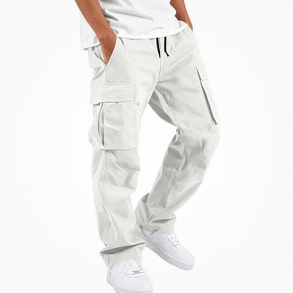 HAOTAGS Boys Cargo Pants with Pockets, Elastic Waist Solid Color Casual Sweatpants White Size 5T