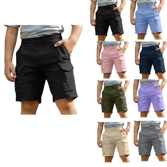 HAOTAGS Boys Cargo Shorts,Utility Pocket Breathable Summer Elastic Waist School Uniform Shorts Black 7-8