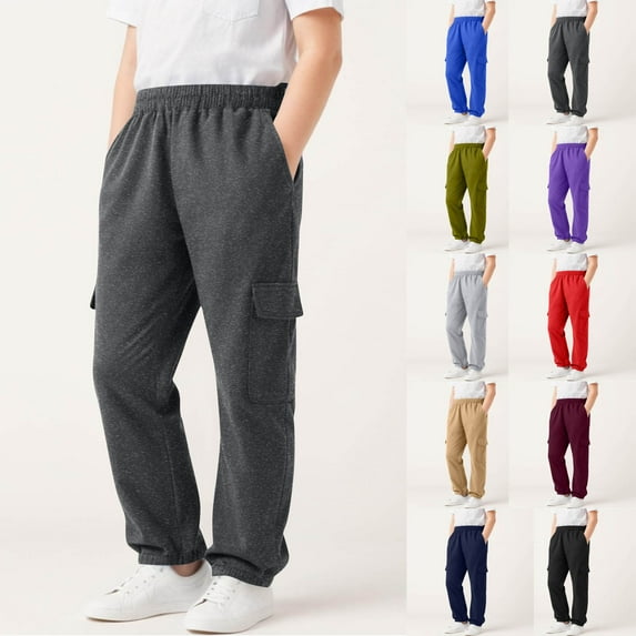 HAOTAGS Boys Cargo Sweatpants(5-14), Casual Spring Fall School Pants Elastic Waist Loose Pants with Multi-pockets Blue 11-12Years